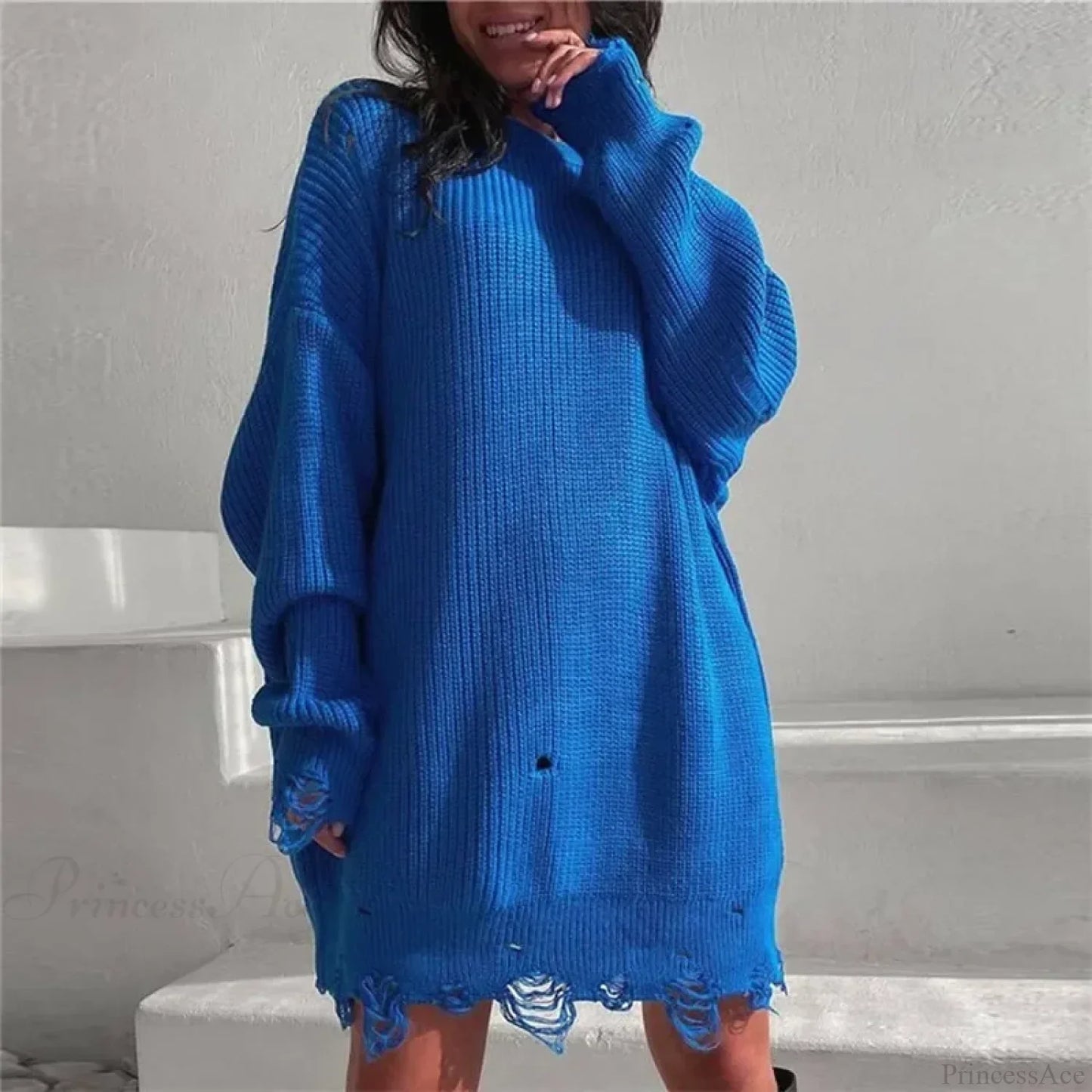 Loose Solid Ripped Round Neck Sweater