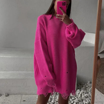 Loose Solid Ripped Round Neck Sweater