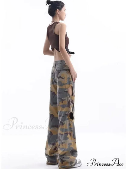 Loose Splashed Ink Speaker Camouflage Pants Trendy Hip-Hop Vintage Versatile Work Clothes Pants Wide Leg Pants Women's Jean