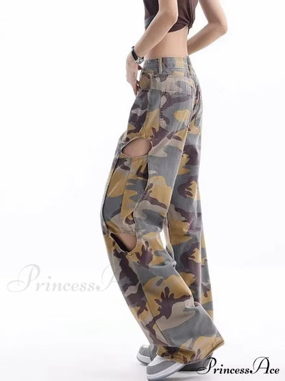 Loose Splashed Ink Speaker Camouflage Pants Trendy Hip-Hop Vintage Versatile Work Clothes Pants Wide Leg Pants Women's Jean