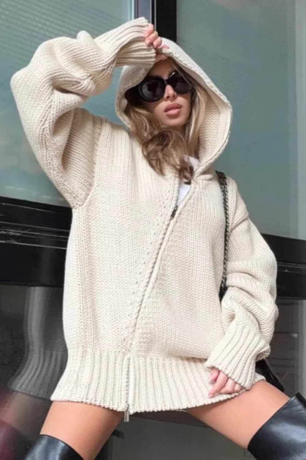 Loose Zip Hooded Knit Sweatshirt Cardigan