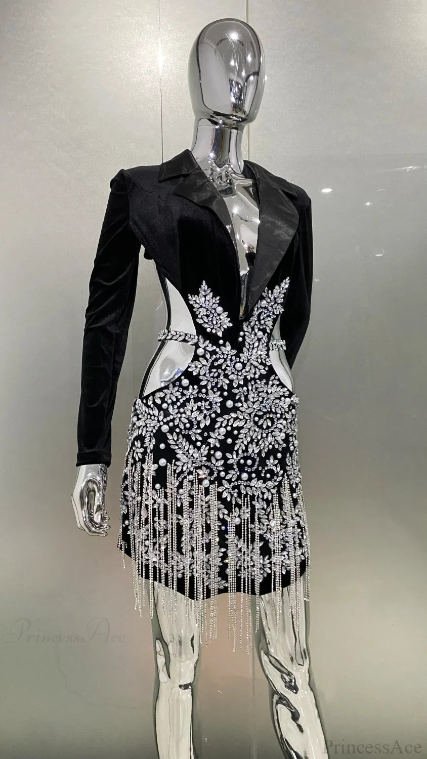 Luxury Diamonds Tassel Sexy Hollow Notched Black Mini Dress Evening Christmas Party Dress