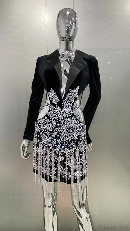 Luxury Diamonds Tassel Sexy Hollow Notched Black Mini Dress Evening Christmas Party Dress