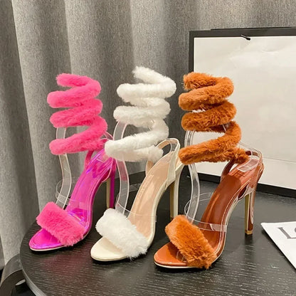Luxury Furry Serpentine Winding High Heel Sandals Open Toe Ankle Strap Modern Wedding High Heel