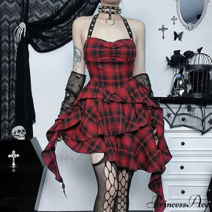 Mall Goth Lolita Red Plaid Streetwear Harajuku Punk Y2K E-girl High Waist IrRegular Gothic Dress
