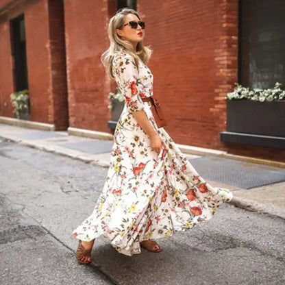 Maxi Dress Flower Print Pleated Swing Evening Dress