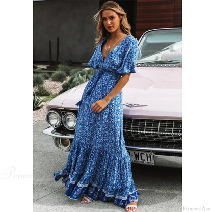 Maxi Dresses for Women Cotton Rayon Blue Floral Print Deep V-neck Boho Summer Dress