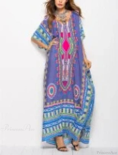 Maxi Kaftan Dress Rayon Ethnic Floral Print Beach Sundress