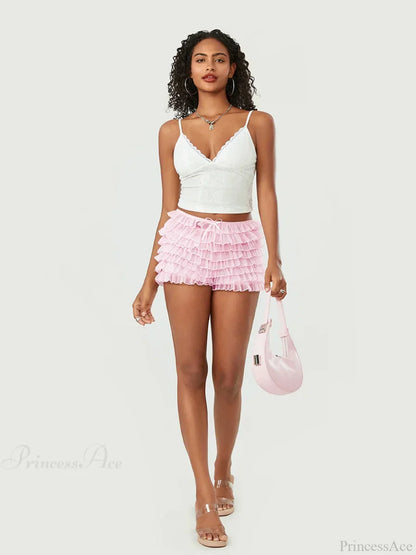 Mesh Bowknot Tiered Ruffle Short