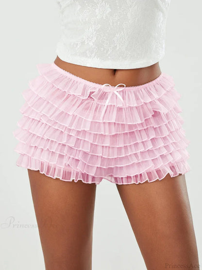 Mesh Bowknot Tiered Ruffle Short