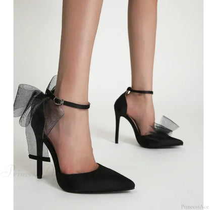 Mesh Butterfly-Knot Pumps PointedBuckle Strap Cover Heel Thin High Heels Sexy Stiletto Wedding High Heel
