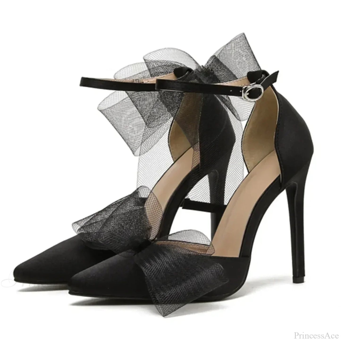 Mesh Butterfly-Knot Pumps PointedBuckle Strap Cover Heel Thin High Heels Sexy Stiletto Wedding High Heel