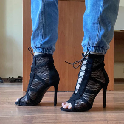 Mesh Hollow Lace-Up Sexy Cross-Tie Thin High Sandals Platform Dance High Heel