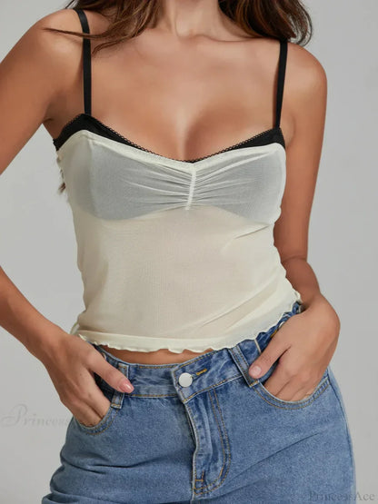 Mesh Ruched Color Patch Spaghetti Strap Crop Top