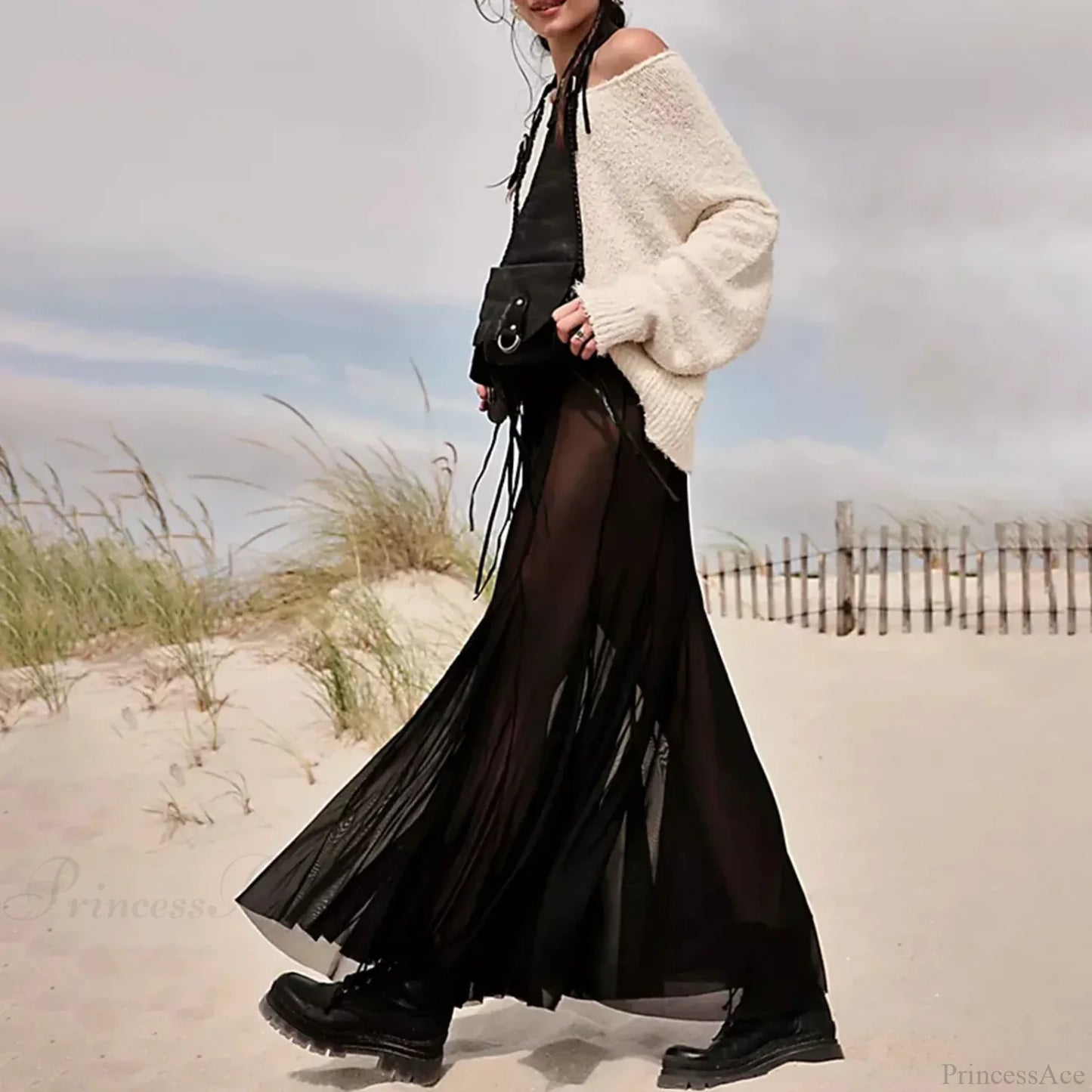 Mesh Sheer Ruffle Midi Skirt