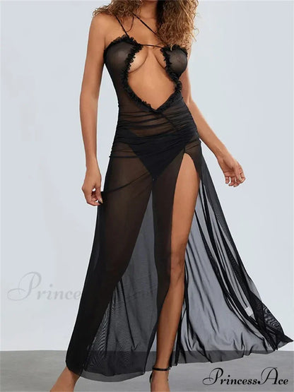 Mesh Sheer See Through for Women Sexy Sleeveless Strap Ruffle Deep V-neck High Split Beach Cover Ups