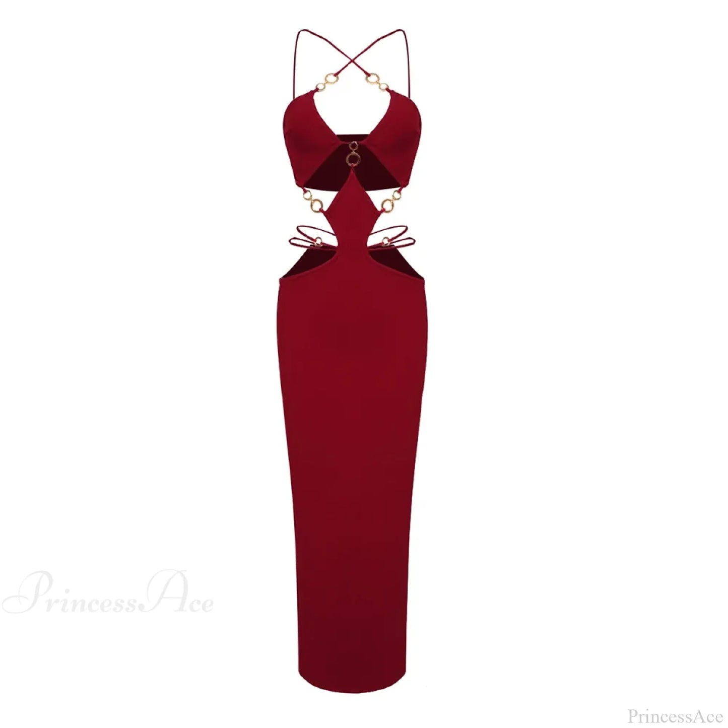 Metal Ring Halter Maxi Party Dress