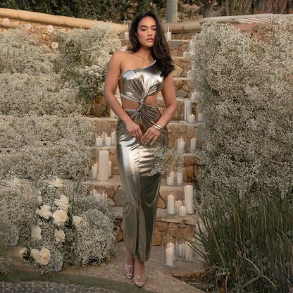 Metal Slim Bodycon Midi Vacation Dress