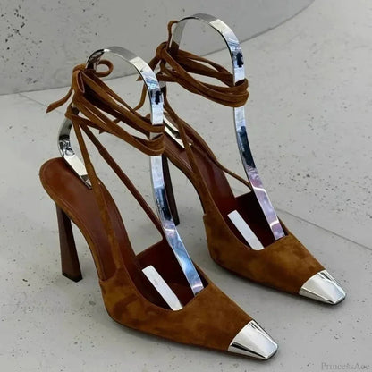 Metal Square Toe Retro Suede Cross Straps GladiatorFashion Sexy Pumps High Heel