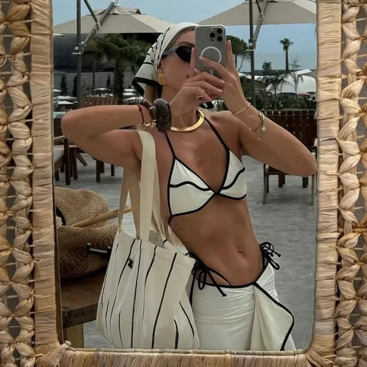 Conjunto de Micro Bikini con Falda Larga, Traje de Baño de Tres Piezas