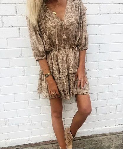 Mini Dress Boho Vintage Long Sleeve Floral Print Autumn Beach Dress