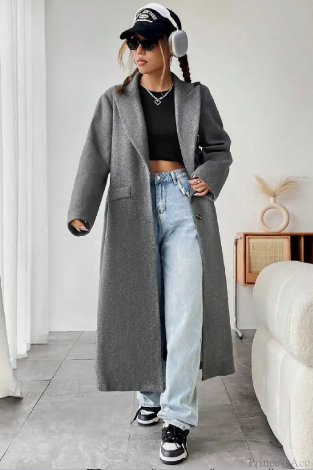 Minimalist Solid Color Elegant Notched Collar Relaxed Wool Overcoat