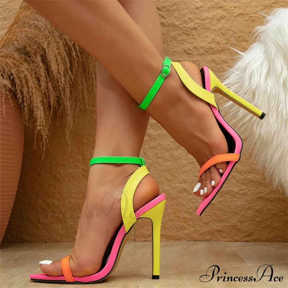 Mixed Colors Women Sexy Stiletto Sandals Leather Pointed Toe Buckle Strap High Heels Summer Party Prom Shoes - Size 42