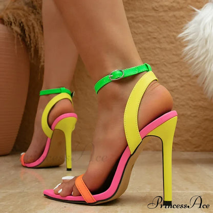 Mixed Colors Women Sexy Stiletto Sandals Leather Pointed Toe Buckle Strap High Heels Summer Party Prom Shoes - Size 42