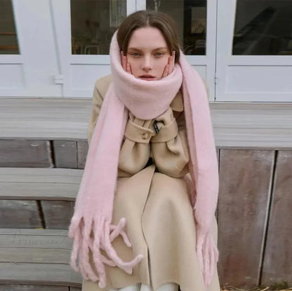 Mohair Winter Scarf - Solid Color, Thickened Wool, Fringed