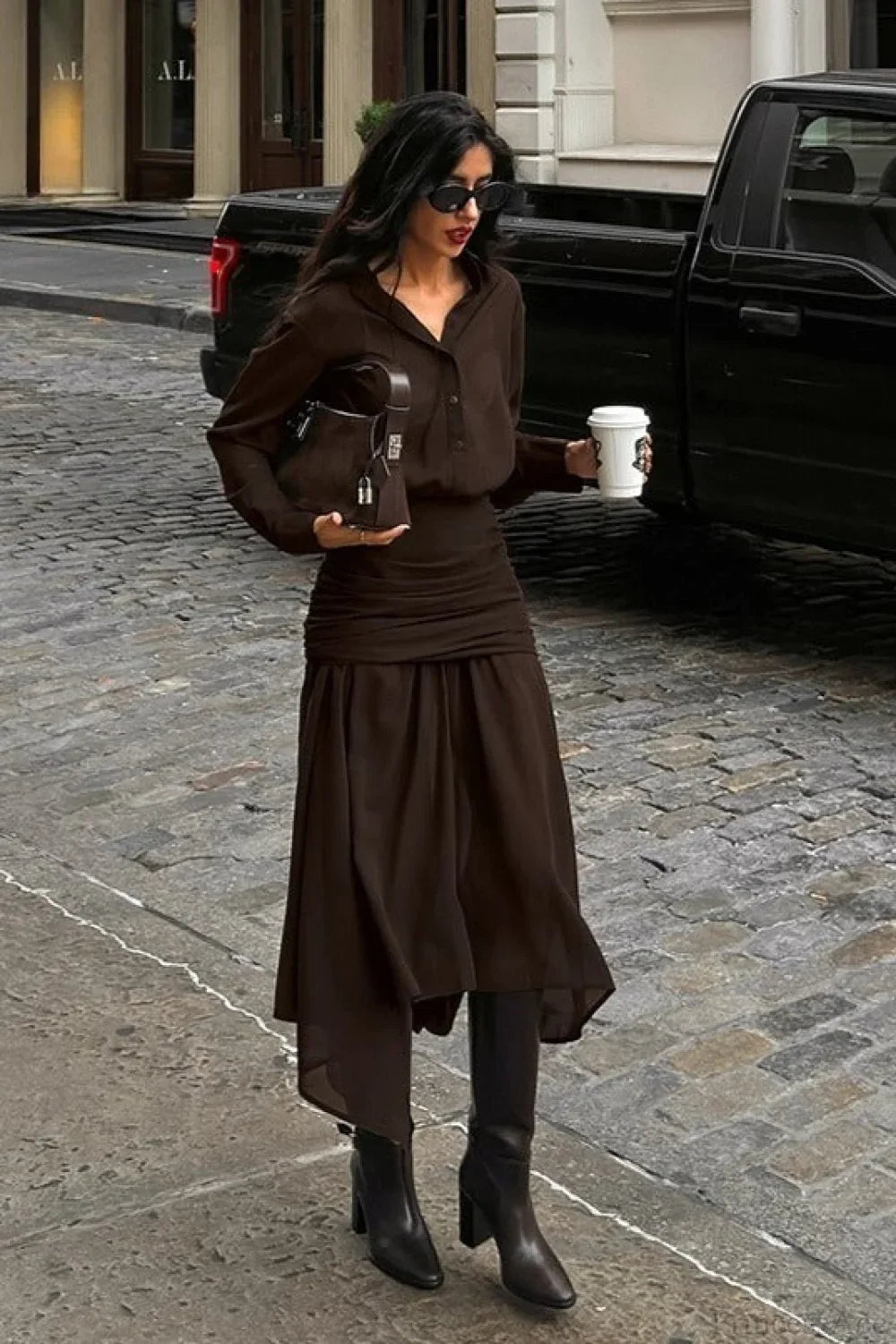 Moody Brown Chiffon Long Sleeve Asymmetrical Two Piece Set