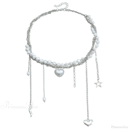 Multi-layer Heart Tassel Pearl Star Pendant Necklace