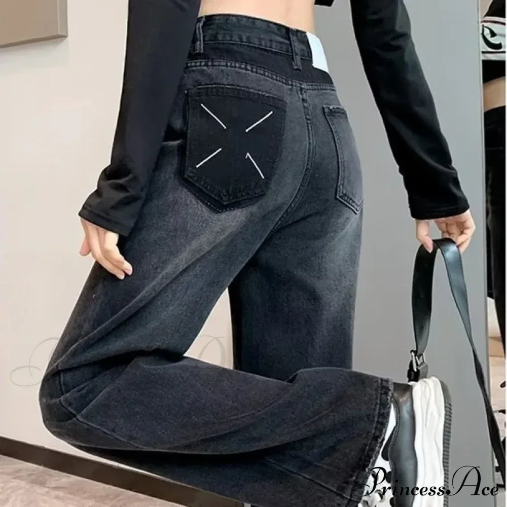 Natural Waist New Button Minimalist Trendy Summer Ins Wash Long Harajuku Wide Leg Black Jean