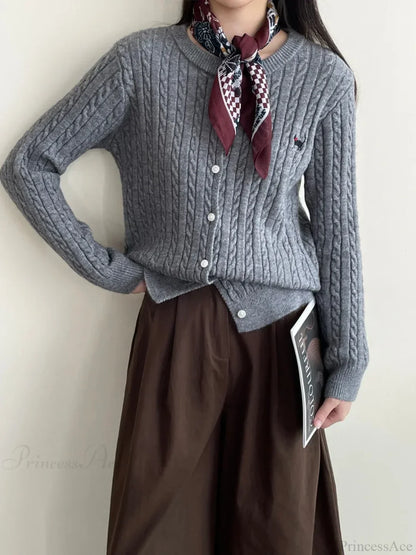 Navy Blue Cable Knit Cartoon Embroidered Trendy Cardigan Sweater