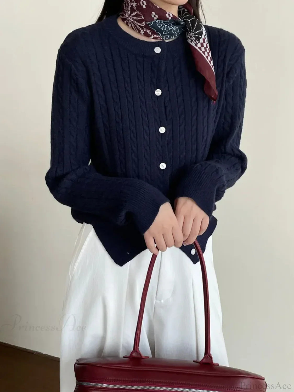 Navy Blue Cable Knit Cartoon Embroidered Trendy Cardigan Sweater