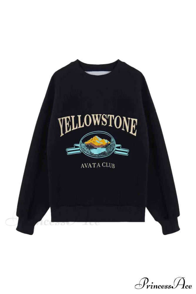 Navy Blue Crew Neck Long Sleeve Sweatshirt with Print