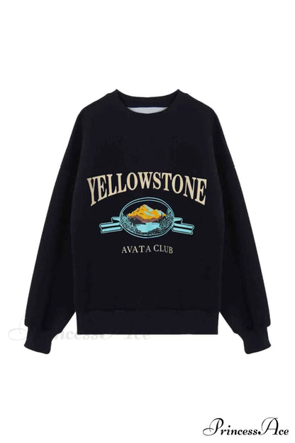 Navy Blue Crew Neck Long Sleeve Sweatshirt with Print