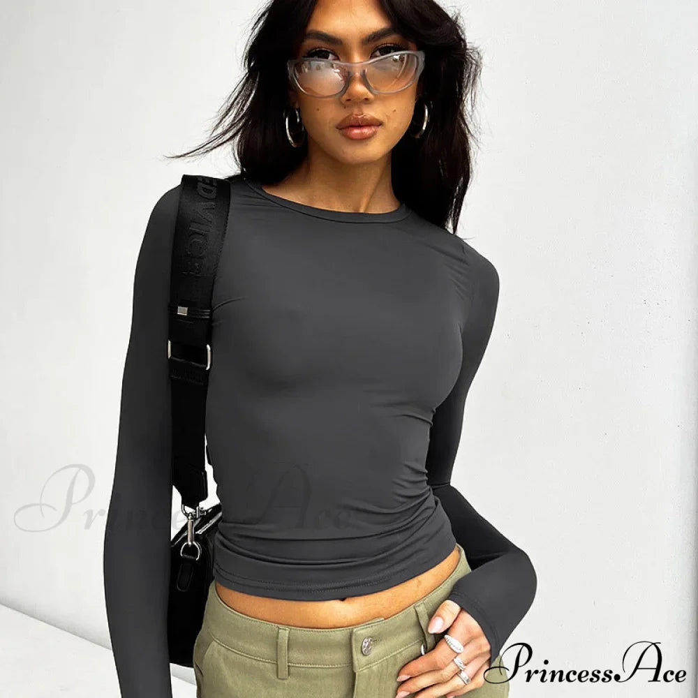 Neck Women's Arm Round Long Color Solid Slim T-Shirt