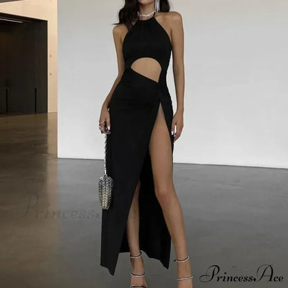 Neckline Back Split Knitted Maxi Dress