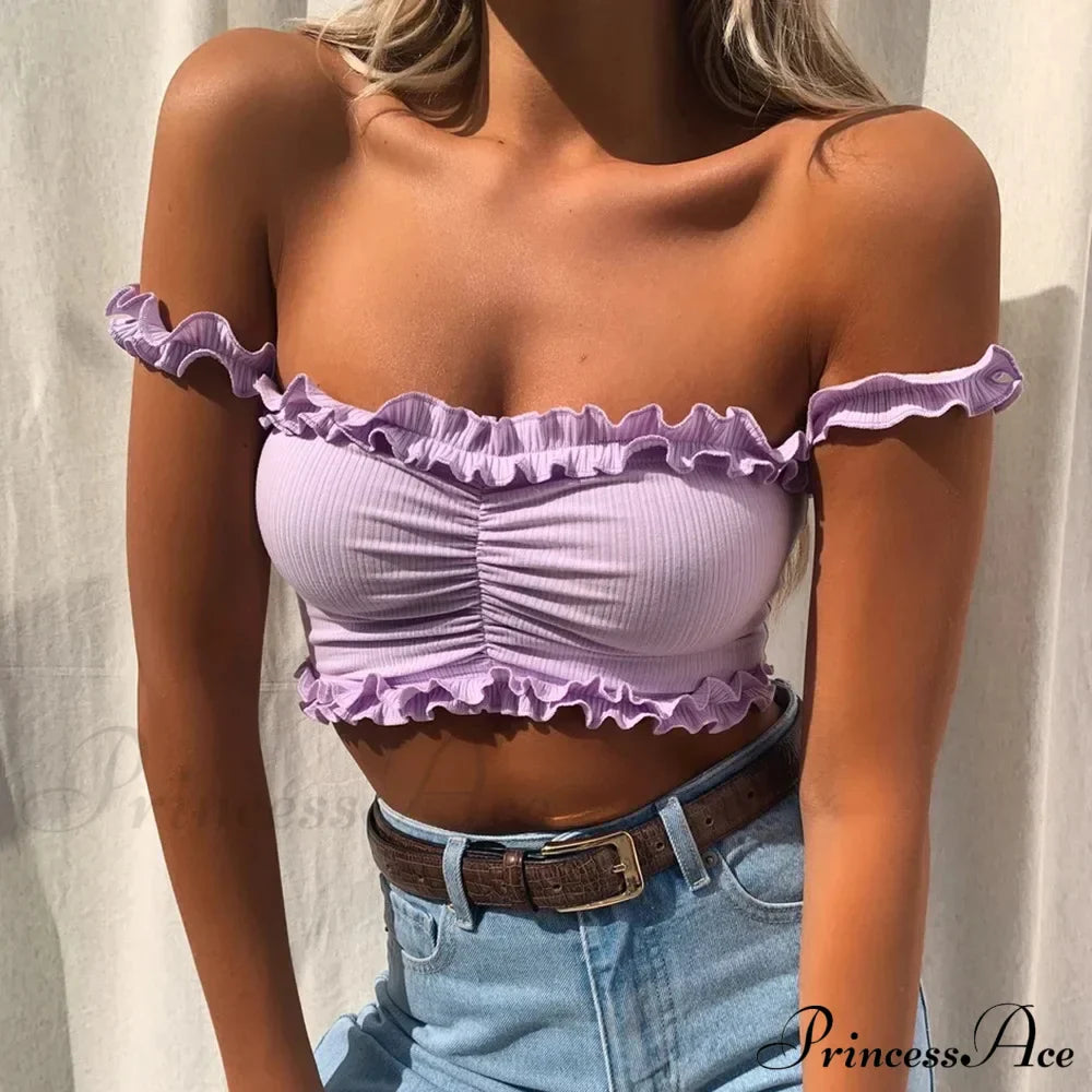 New Cute Purple Off Shouler Crop Ruffles t shirtTube For Women Summer Clothes Tank top