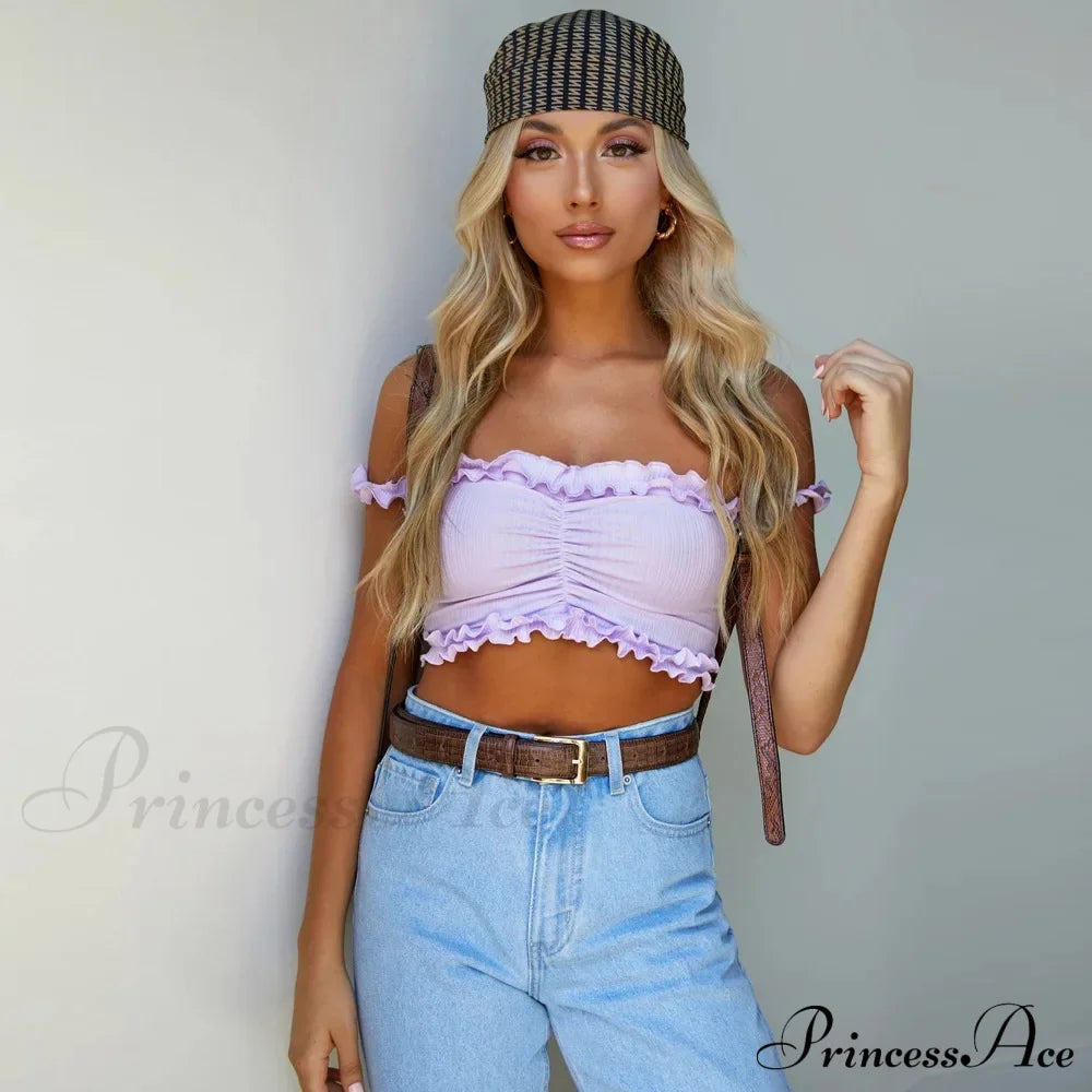 New Cute Purple Off Shouler Crop Ruffles t shirtTube For Women Summer Clothes Tank top