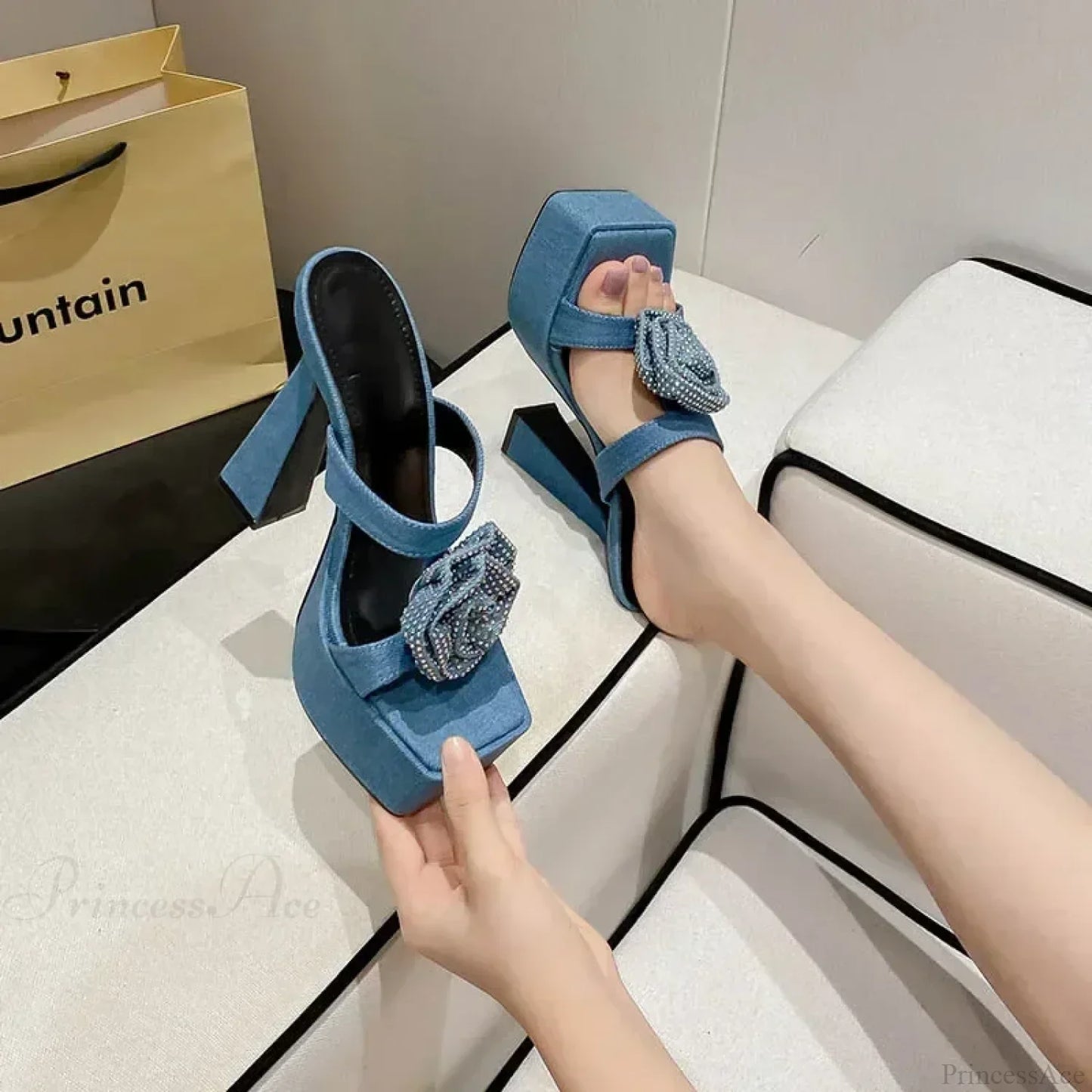 New Denim Blue Rhinestone Rose Flower Chic Peep Toe Square High Heels Gladiator High Heel