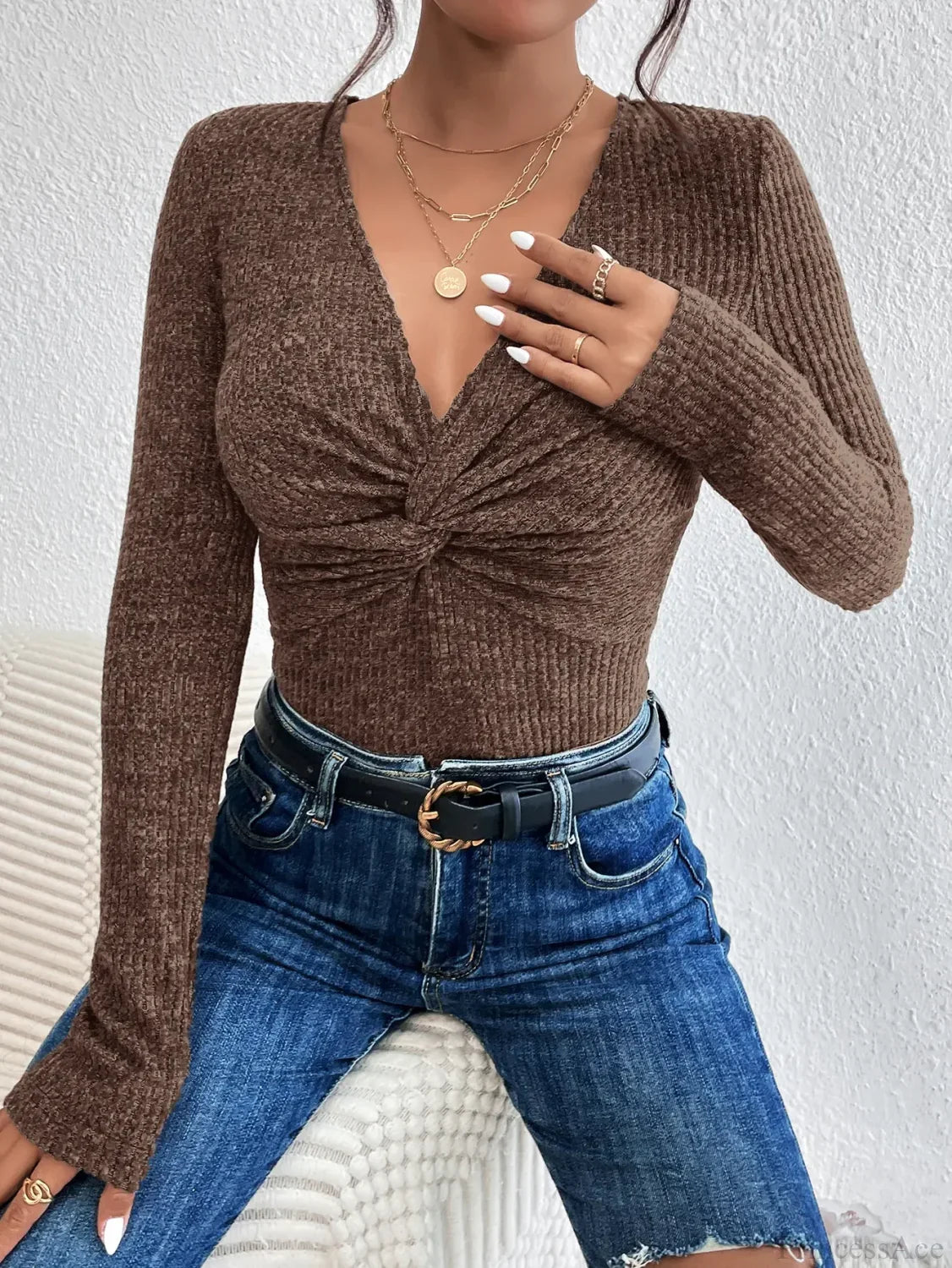 New Design Kink Deep V-Neck Solid Color Slim Sweater Top Women