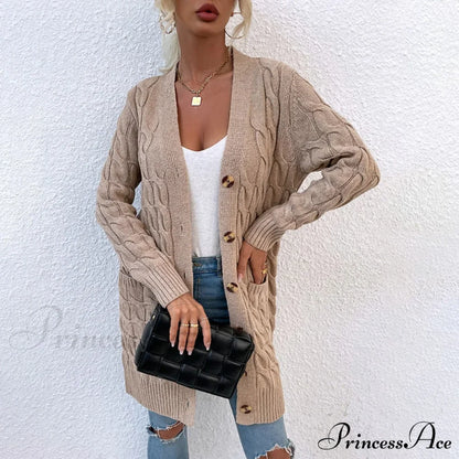 New Long Coat Twisted Rope Solid Color Knitted Cardigans