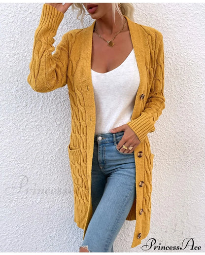 New Long Coat Twisted Rope Solid Color Knitted Cardigans