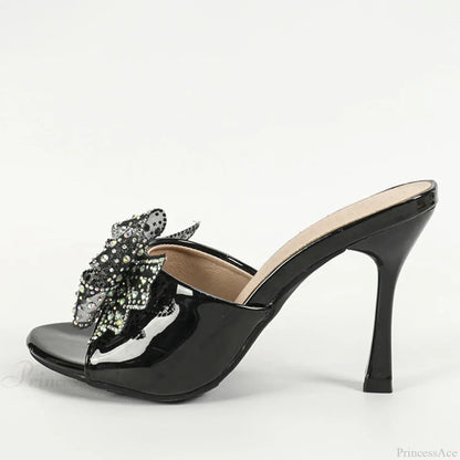 New Patent Leather Peep Toe Crystal Mesh Bowknot High Heel