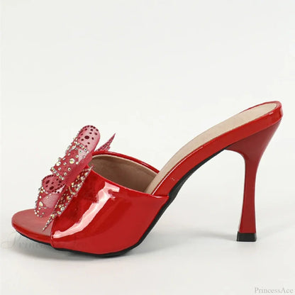 New Patent Leather Peep Toe Crystal Mesh Bowknot High Heel