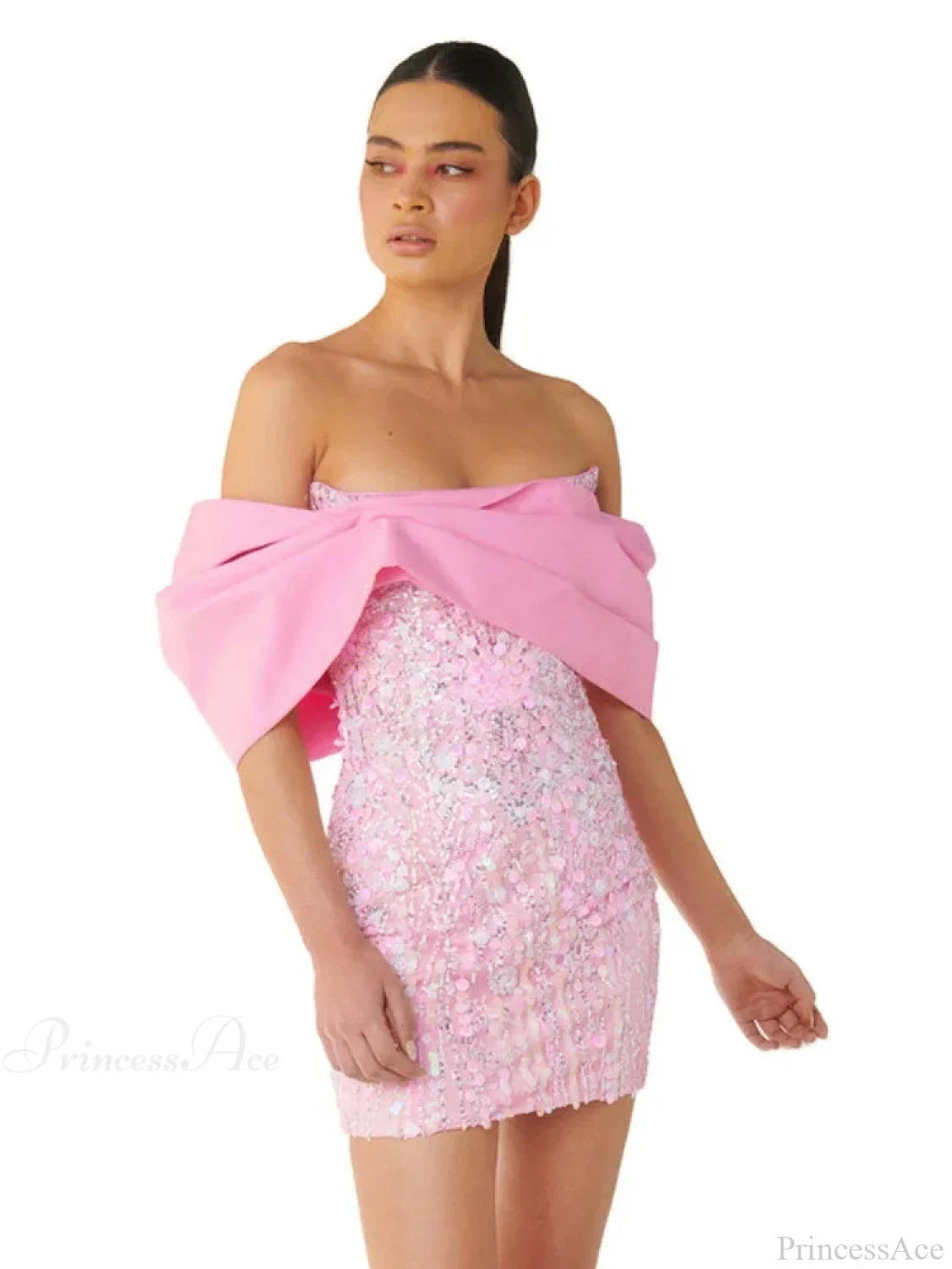 New Sexy Off Shoulder Sequins Pink Slash Neck Sparkly Elegant Christmas Party Dress