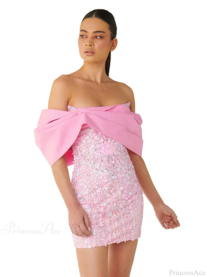 New Sexy Off Shoulder Sequins Pink Slash Neck Sparkly Elegant Christmas Party Dress