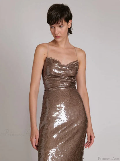 New Sexy Sleeveless Backless Lace-up Slim Long Dress Bright Sequins Christmas Party Dress
