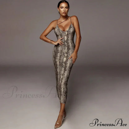 New Sexy Spaghetti Strap Leopard Print Sleeveless V-neck Maxi Evening Party Bodycon Dress